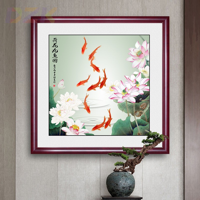 新中式荷花九鱼图玄关装饰画入户走廊餐厅卧室挂画客厅背景墙国.6图片