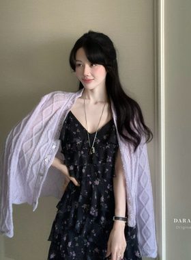 DARA ROSE-小女人浅紫色机理长袖单排扣针织开衫（含4绵羊毛）S87