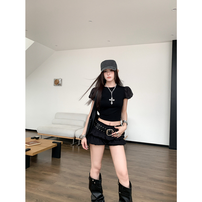 女团IVE金志垣LIZ同款泡泡袖短款T恤修身显瘦上衣