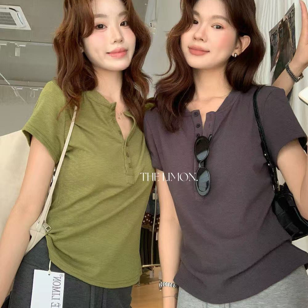 夏季设计感修身休闲百搭上衣ins韩系简约半纽扣绿色正肩短袖t恤女