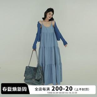吳童童 吊帶連衣裙女夏季 新款 韓系寬松拼接海邊裙子 藍色露背無袖