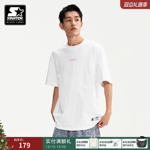 STARTER|T恤纯棉黑色新款圆领宽松百搭休闲绒面印花白色短袖上衣