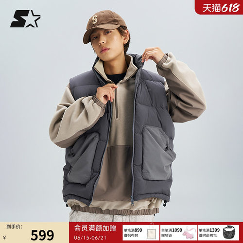STARTER羽绒服秋冬款白鸭绒保暖休闲运动深灰色无袖马甲外套上衣