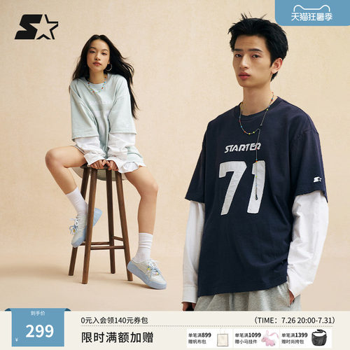 STARTER T恤夏季男女同款纯棉数字印花假两件运动休闲百搭上衣