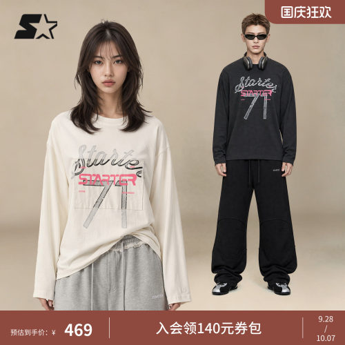 STARTER长袖T恤2026秋季新款100%棉运动休闲男女同款破洞印花上衣