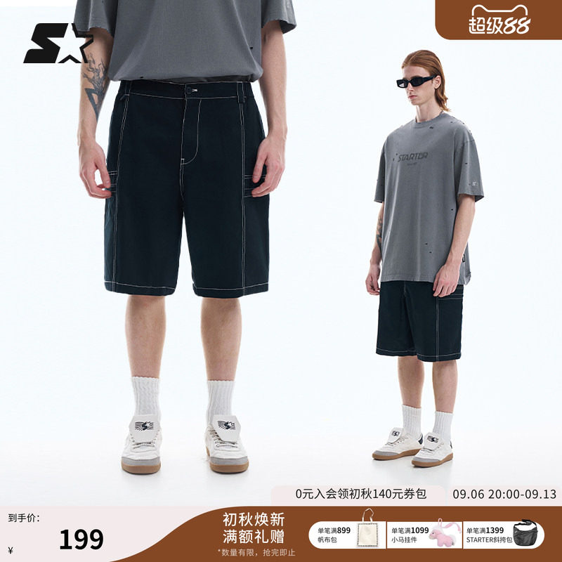 STARTER短裤夏季新款纯棉休闲通勤百搭运动百搭显瘦中裤黑色裤子图片