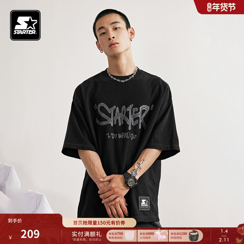 STARTERT恤新款100%棉圆领黑白宽松字母印花纯棉运动休闲短袖上衣