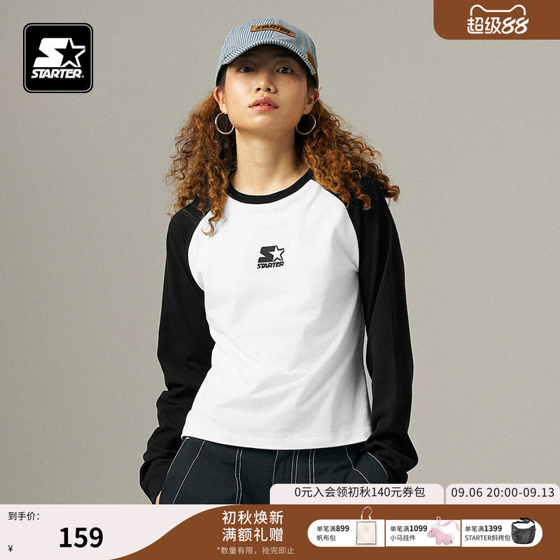 STARTER长袖T恤秋季纯棉黑白插肩修身显瘦休闲男女同款百搭上衣图片