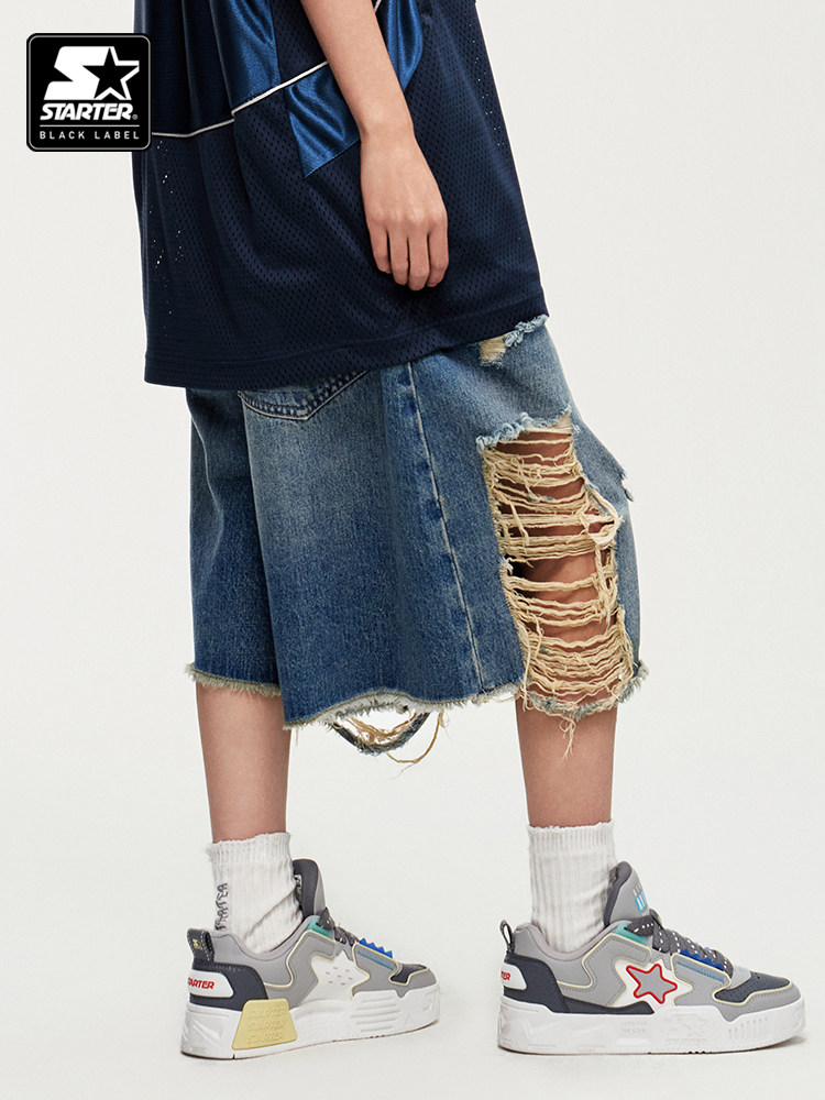 STARTER 데님 반바지 2024 여름 신작 스포츠 캐주얼 루즈 코튼 청바지 바지 남성용 및 여성용