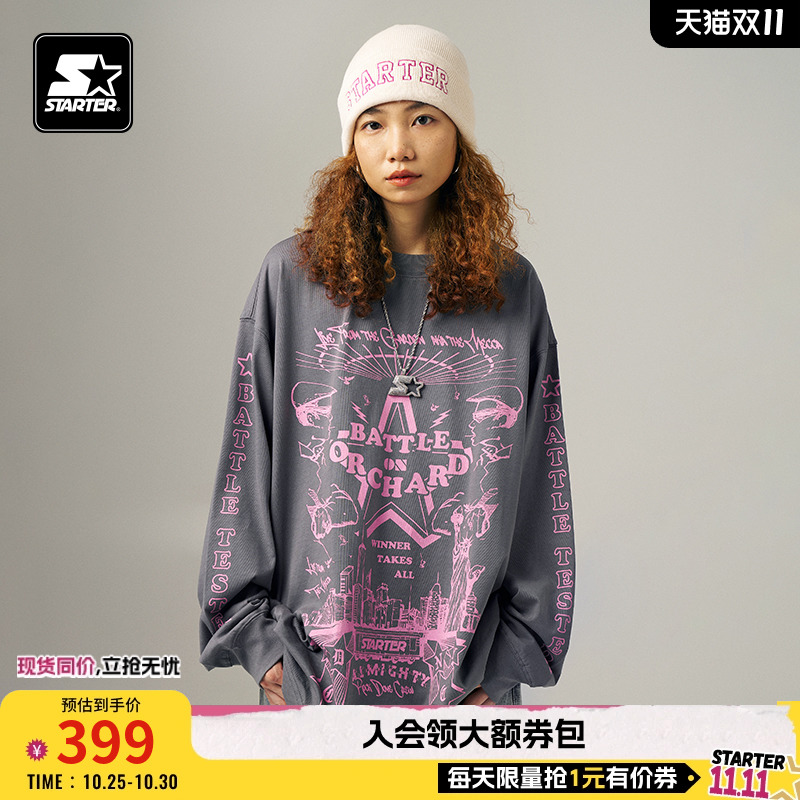 STAPLE联名长袖T恤STARTE2024秋季新款休闲粉色印花100%纯棉上衣