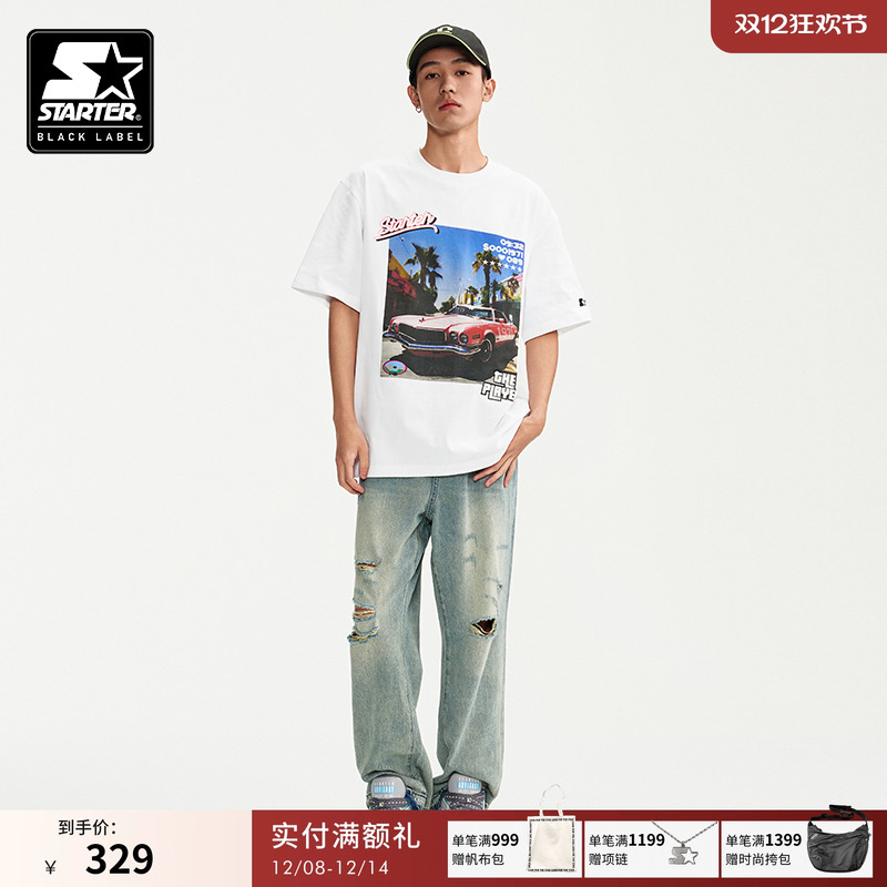 STARTER牛仔裤新款男士破洞直筒宽松百搭休闲长裤水洗做旧棉裤子