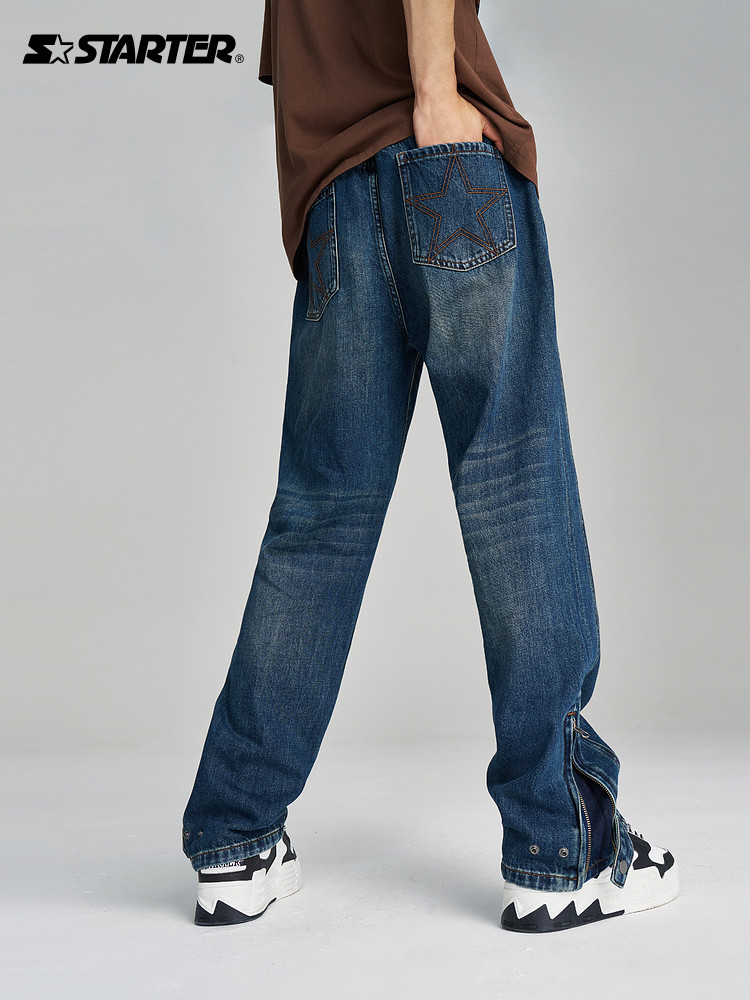 남성용 및 여성용 STARTER 바지 신축성 있는 허리 루즈한 통근 패셔너블 캐주얼 복고풍 아메리칸 청바지