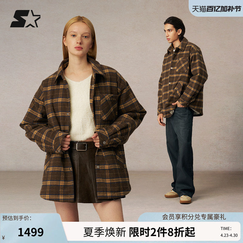 STARTER格纹棉服春秋新款保暖女款衬衫男休闲格子运动上衣外套