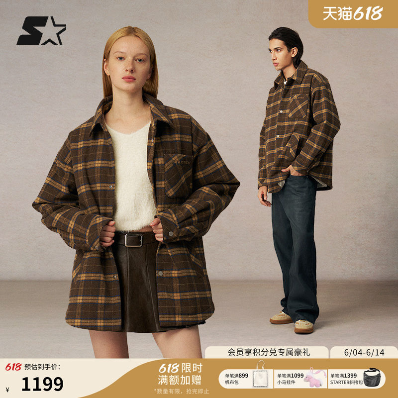 STARTER格纹棉服春秋新款保暖女款衬衫男休闲格子运动上衣外套