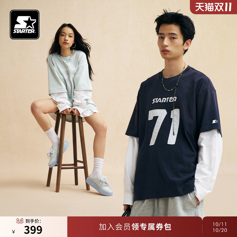 STARTER T恤2025秋季男女同款纯棉数字印花假两件运动休闲上衣
