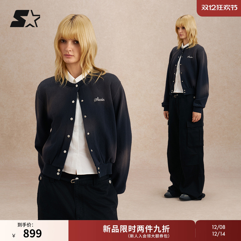 STARTER针织开衫2025秋季新款短款宽松休闲做旧女生绣花外套上衣