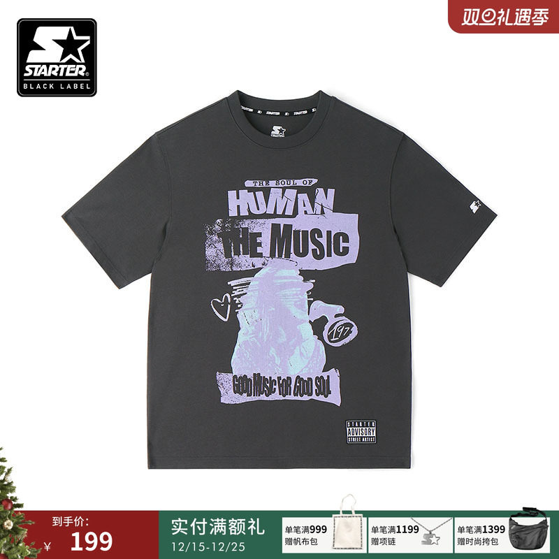 STARTER|T恤纯棉男女同款新款印花短袖灰色休闲宽松百搭情侣上衣