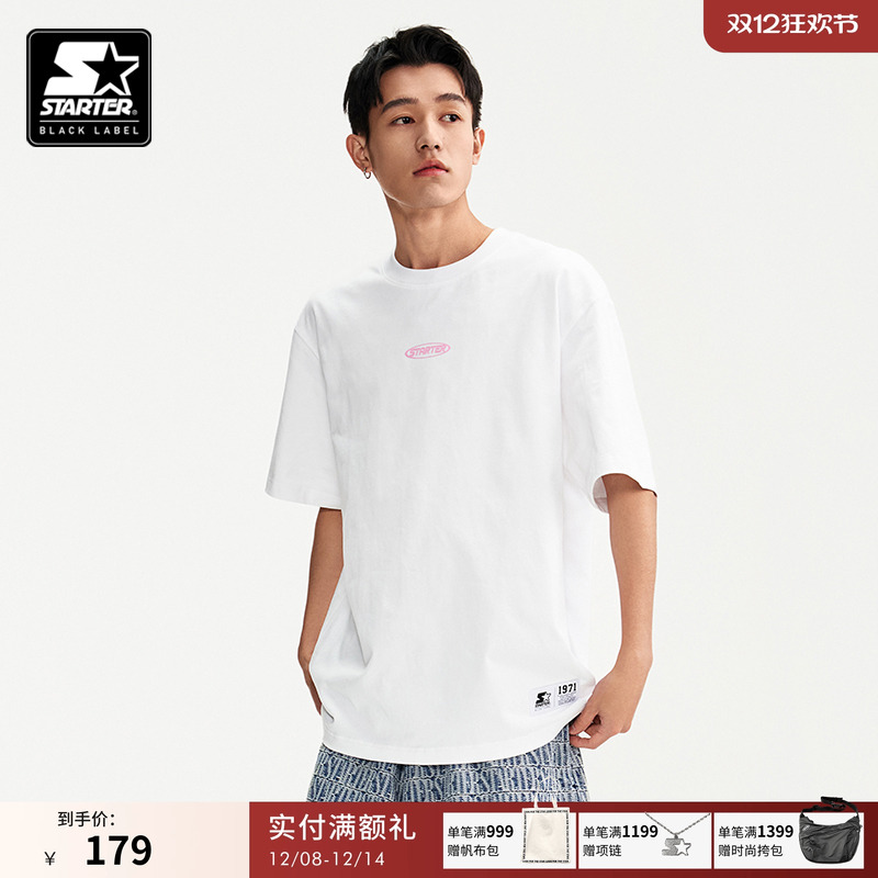 STARTER|T恤纯棉黑色新款圆领宽松百搭休闲绒面印花白色短袖上衣