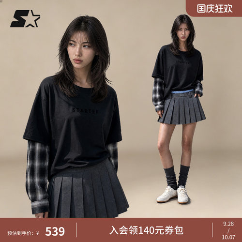 STARTER长袖T恤2026秋季新款假两件拼接女款上衣宽松休闲男生T恤