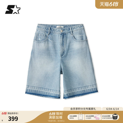 STARTER牛仔中裤2026夏季新款100%棉裤子休闲短裤做旧水洗牛仔裤
