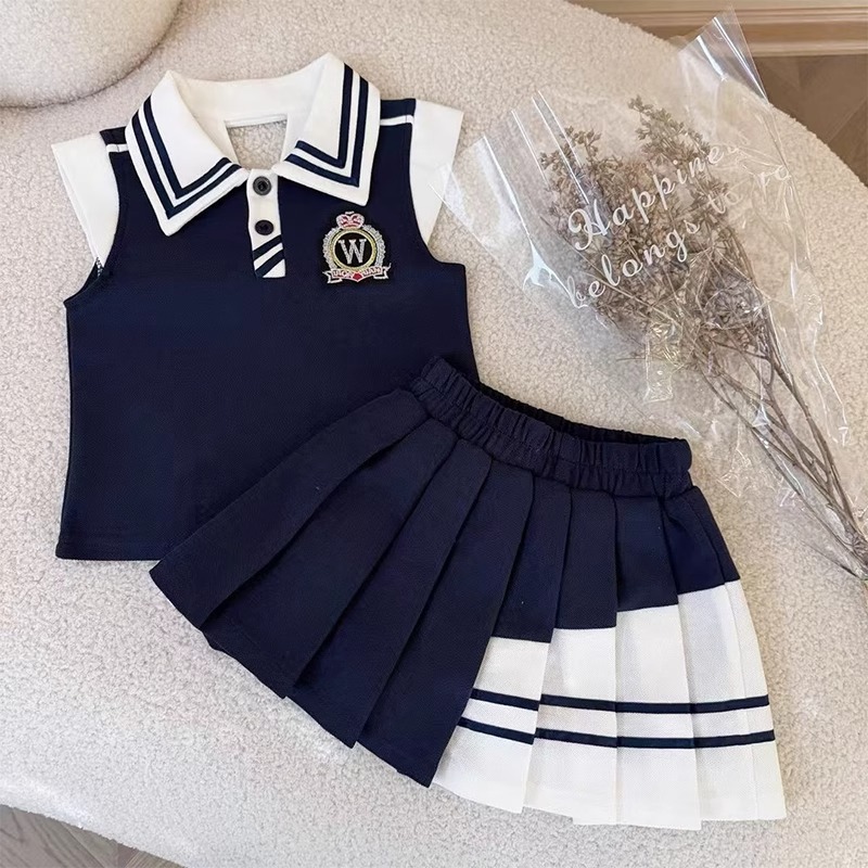 女童学院风套装夏季2025新款儿童夏装女孩蝴蝶结POLO衫短裙两件套