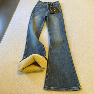 女童加绒牛仔喇叭裤秋冬款儿童一体绒微喇长裤冬季大童女孩厚裤子