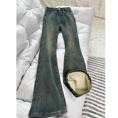 女童加绒牛仔裤秋冬一体绒喇叭裤