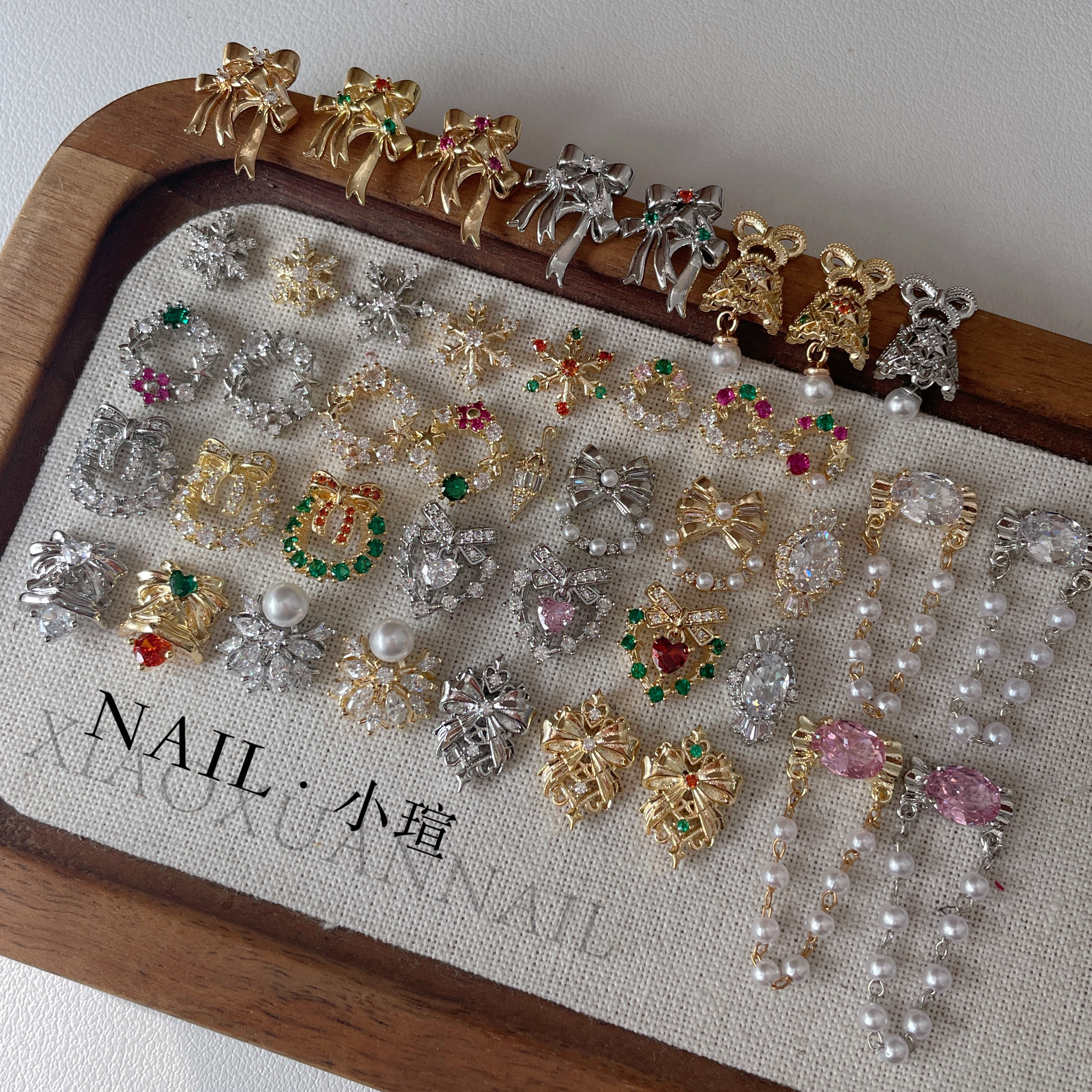 小瑄新品圣诞美甲锆石奢华饰品满钻花环雪花铃铛钻饰珍珠链条钻