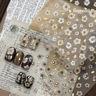 小瑄黑金小花成品贴纸新品复古风贵气珍珠钻高级油画晕染美甲贴纸