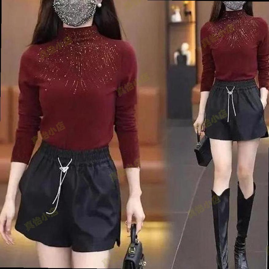 半高领长袖打底衫女秋冬2025新款枣红色上衣高级感烫钻修身打底衣