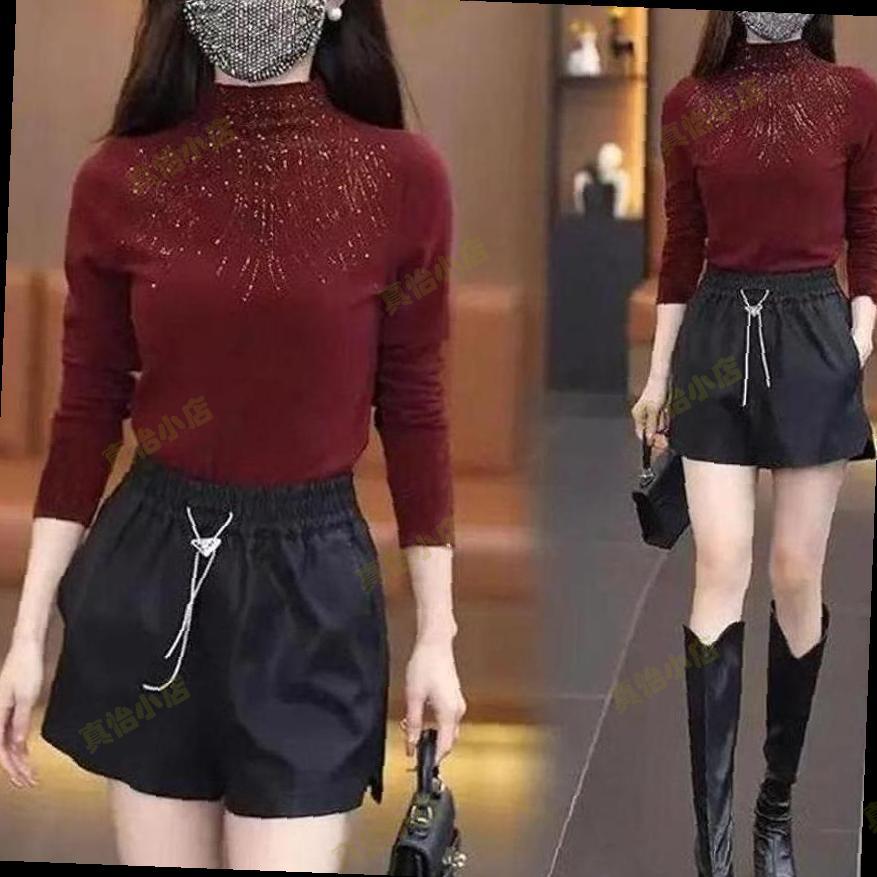 半高领长袖打底衫女秋冬2025新款枣红色上衣高级感烫钻修身打底衣