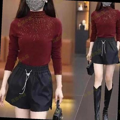 半高领长袖打底衫女秋冬2025新款枣红色上衣高级感烫钻修身打底衣