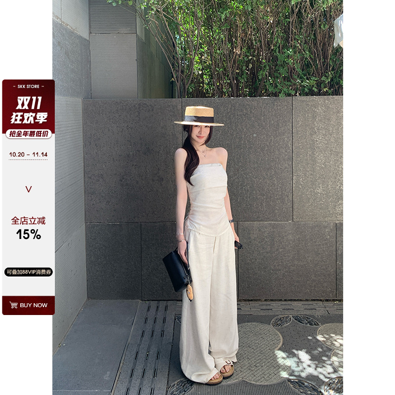 天丝亚麻衬衫抹胸上衣休闲裤套装