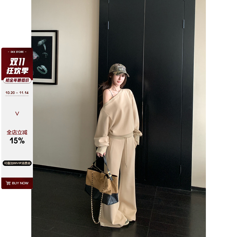 SKK复古美式斜肩卫衣休闲裤套装