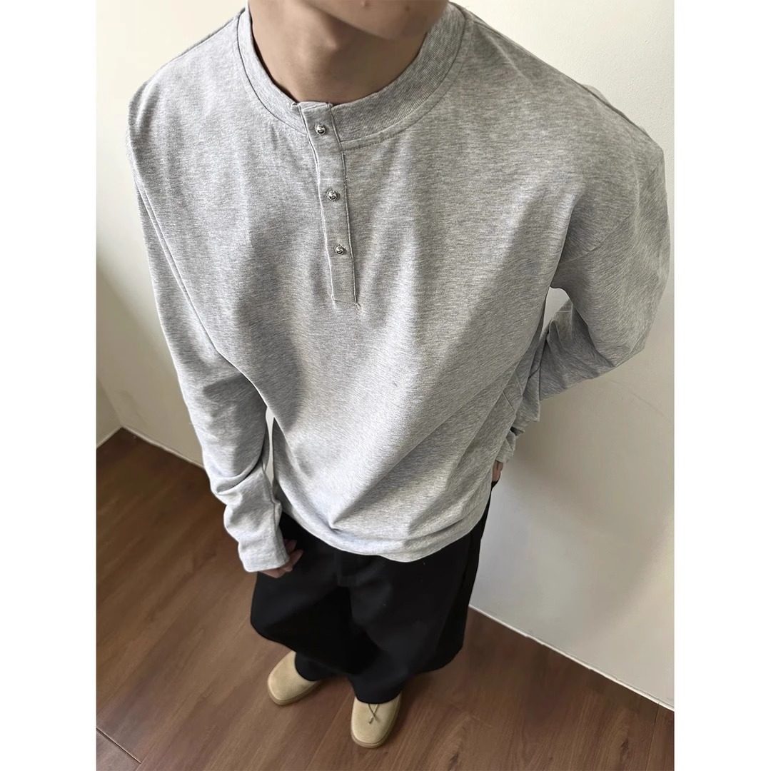 EME 2025春新款短宽亨利领休闲廓形解构设计百搭基础打底长袖TEE