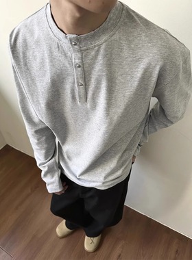 EME 2025春新款短宽亨利领休闲廓形解构设计百搭基础打底长袖TEE