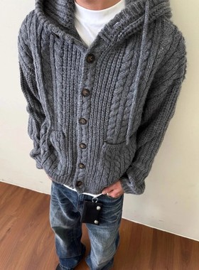 EME 姣花纹麻花高克重连帽毛衣男女25秋季慵懒高级感针织开衫外套