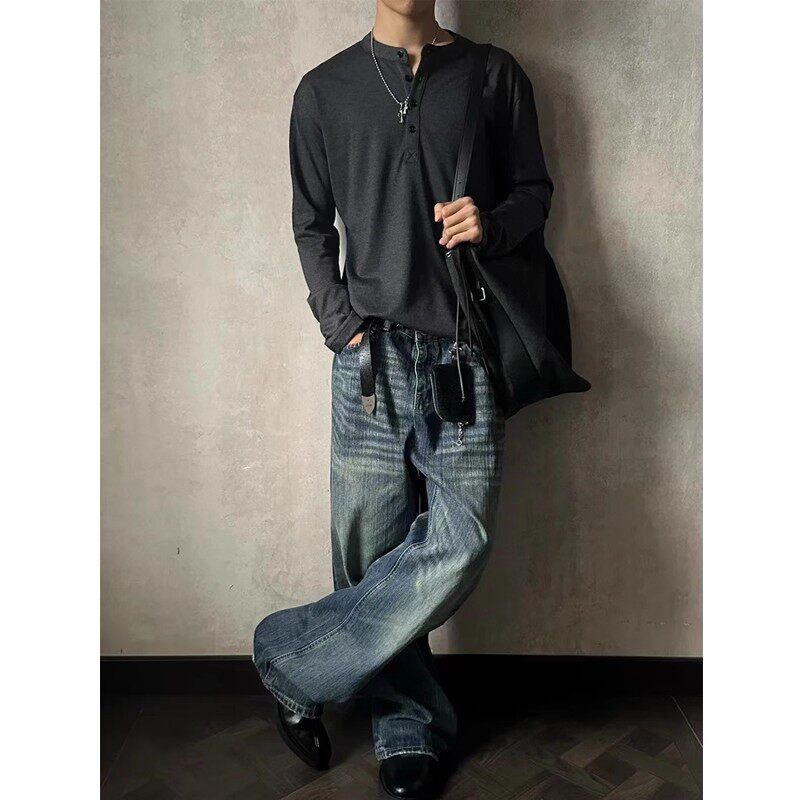 EME 秋季小众设计感洗水竹节牛仔裤男女美式复古leanfit阔腿长裤