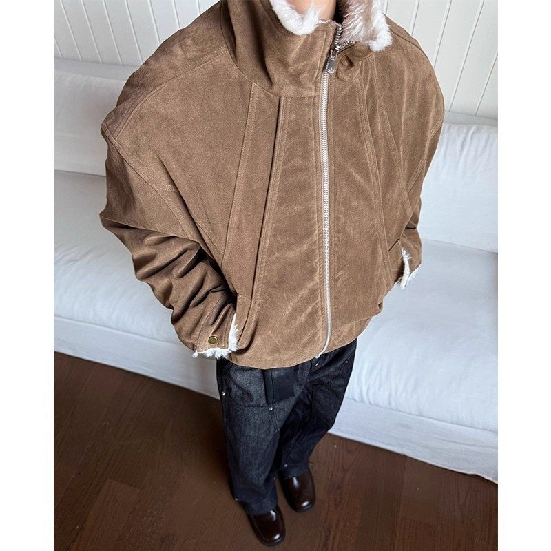 【EME】羊毛卷座山雕剪裁解构仿牛绒冬季夹棉棉服加厚boxy外套潮