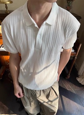 EME 夏季竖条浮雕亨利领短袖T恤男女老钱复古Cleanfit翻领上衣潮