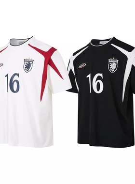 MADEEXTREME美式复古街头古着足球服短袖男女拼接绣花徽章t恤上衣