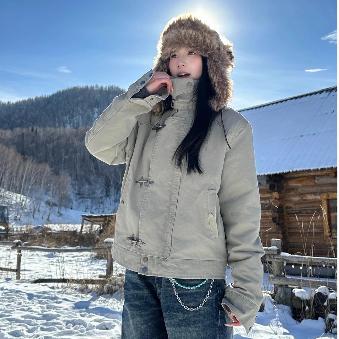 EME秋冬加厚解构设计飞机扣工装外套男女复古vintage短宽夹克棉衣