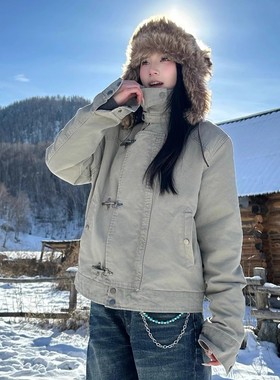 EME秋冬加厚解构设计飞机扣工装外套男女复古vintage短宽夹克棉衣