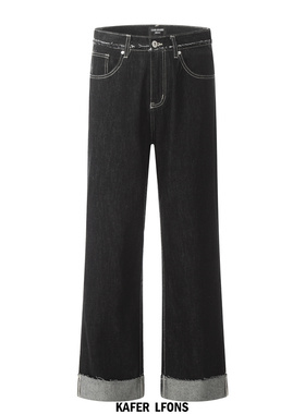 KAFER 美式复古毛边脚口设计牛仔裤男直筒宽松cleanfit阔腿裤子潮