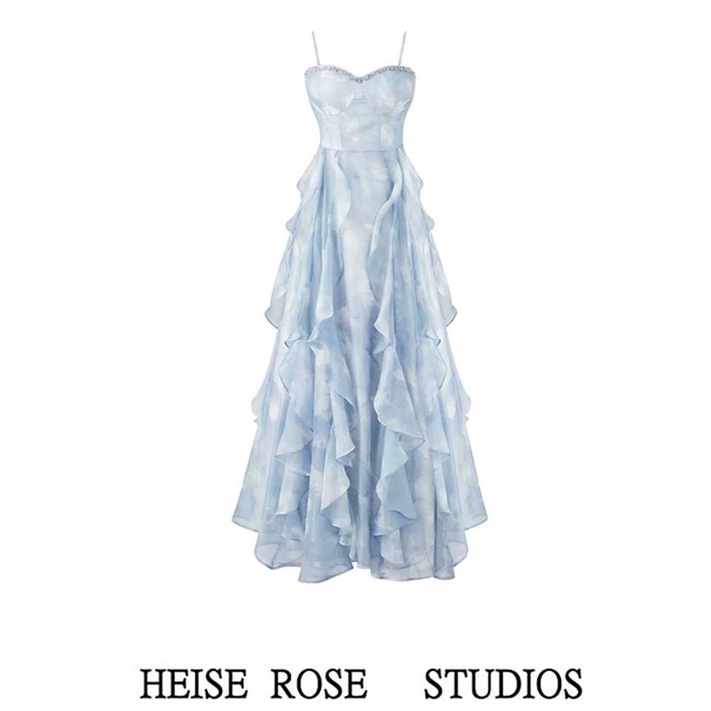 茶歇法式蓝色吊带连衣裙女夏季新款海边度假沙滩长裙日落仙女裙子