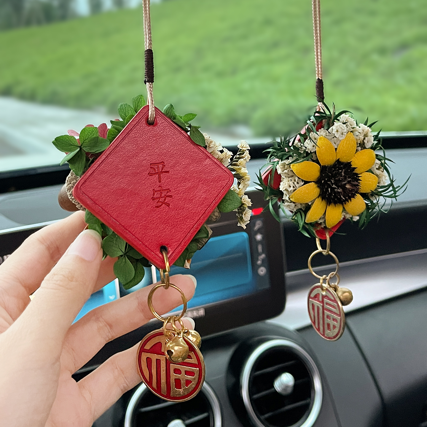 高级感真花永生花车载后视镜挂件