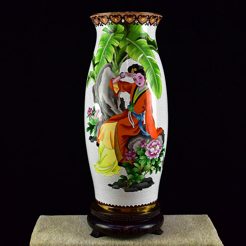 非遗景泰蓝花瓶纯手工铜胎掐丝珐琅22寸仕女图橄榄瓶玄关客厅摆件