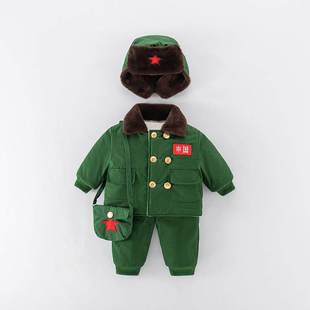 婴儿冬天衣服加绒保暖军装0一4岁男童宝宝小红军棉衣套装零下外套