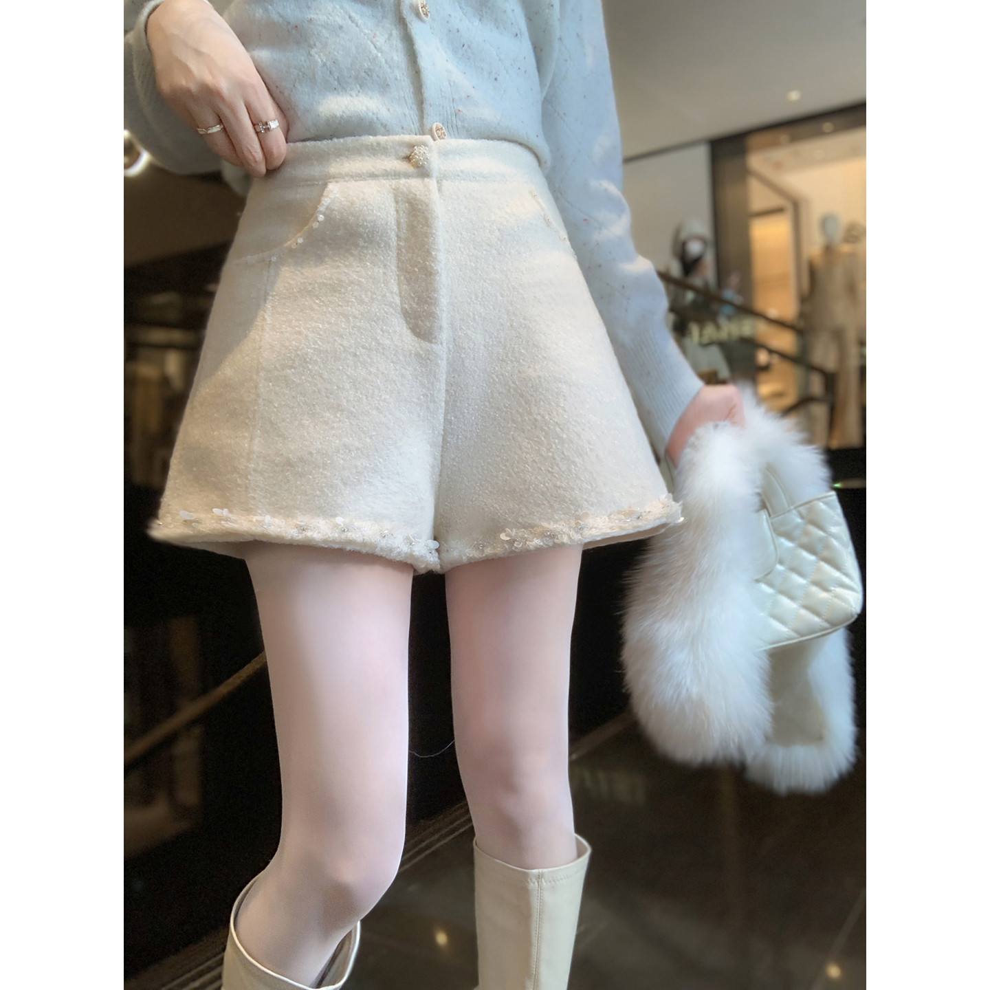 亮片高腰短裤女冬季直筒短裤