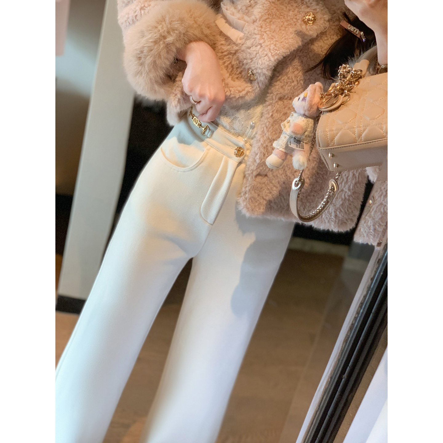 休闲直筒裤女秋冬白色阔腿长裤